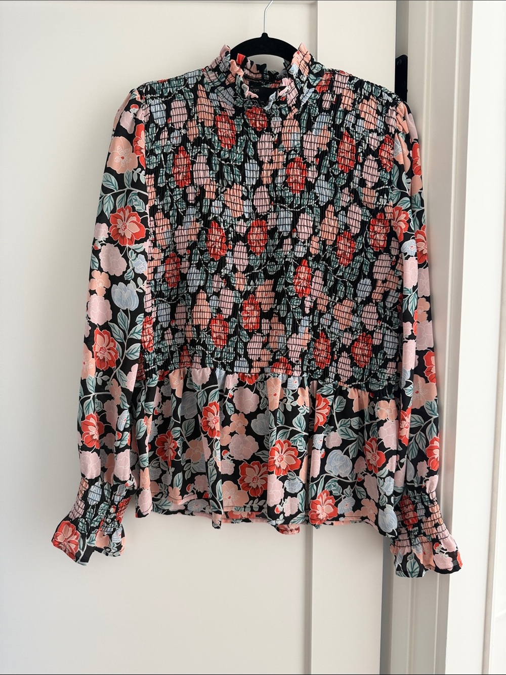 Gibson Floral Smocked Ruffle Collar Blouse - Black, Pink, Red